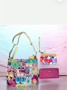 COACH Bundle 3 Items Iconic Multi Color Crossbody Wallet Clutch Bags